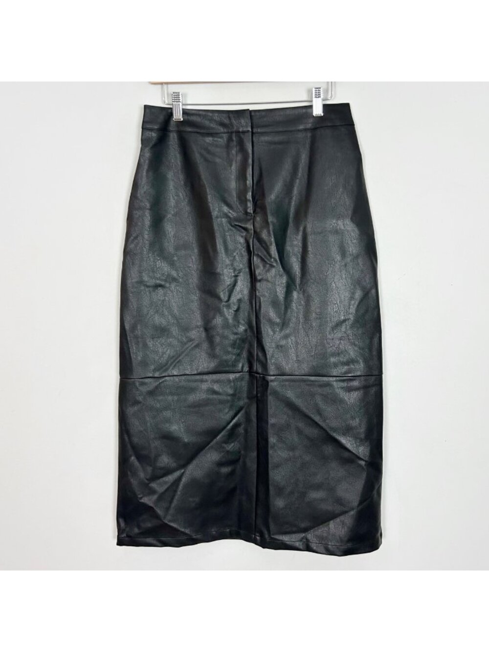 Women's Black Faux Leather A-line Midi Skirt Fall Classic Size Medium